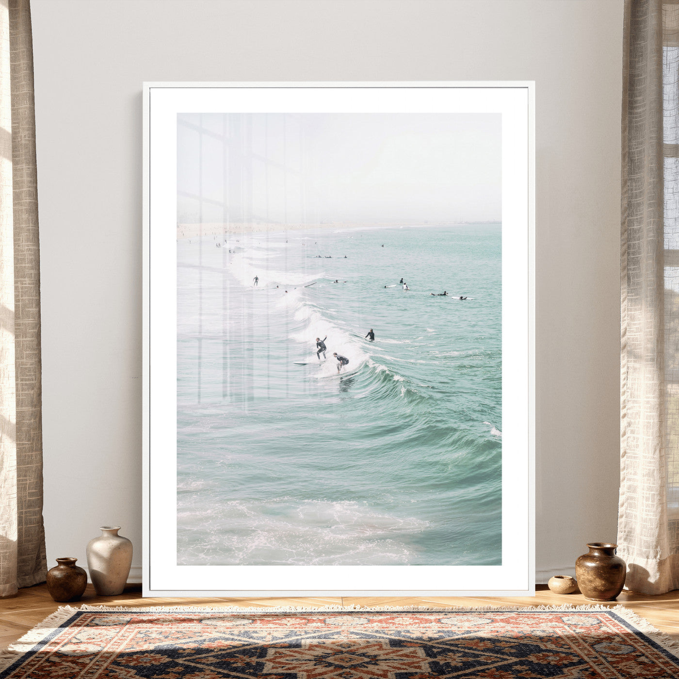 58043762-MGV-CV-24X36 - Surfers on Waves Canvas Wall Art, Aerial Ocean Photography Print, Mint Green Surf Decor, California Beach House Art, Coastal Sports Wall Decor