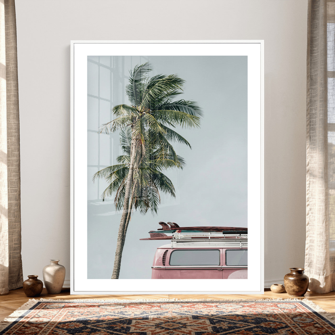 73117797-MGV-CV-24X36 - VW Van Palm Tree Canvas Wall Art, Pink Camper Surfboards Beach Print, Retro Surf Photography Decor, Coastal Boho Wall Art, Surfer Gift Idea