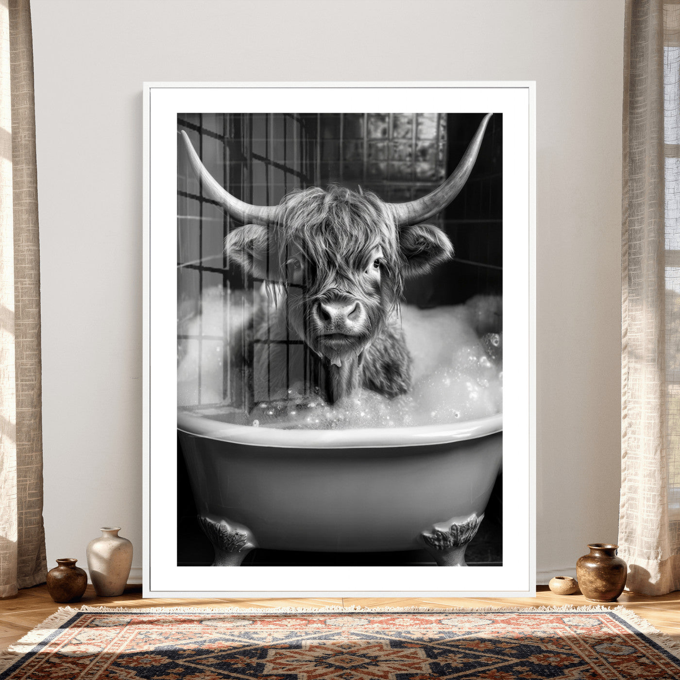 44020264-MGV-CV-24X36 - Highland Cow Bathtub Canvas Wall Art, Funny Bathroom Print Black White, Grumpy Cow Bubble Bath Decor, Animal Bathroom Art, Farmhouse Humor Print, Cute Cow Gift