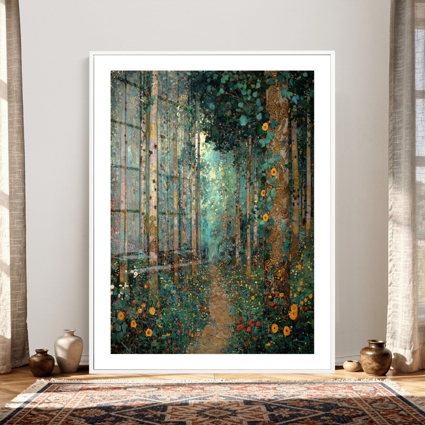 76587981-MGV-CV-24X36 - Gustav Klimt Style Forest Canvas Wall Art, Golden Forest Path Floral Art Nouveau Print, Enchanted Woodland Decor, Maximalist Colorful Nature Art