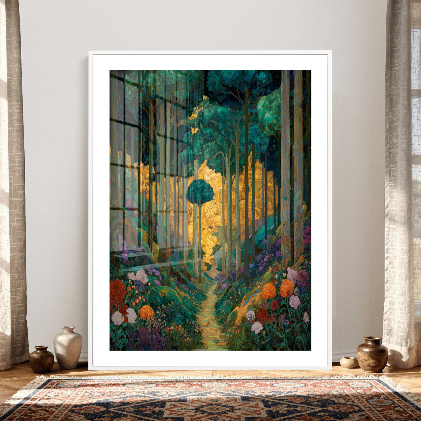 70159913-MGV-CV-24X36 - Gustav Klimt Style Forest Canvas Wall Art, Golden Forest Path Floral Art Nouveau Print, Enchanted Woodland Decor, Maximalist Colorful Nature Art
