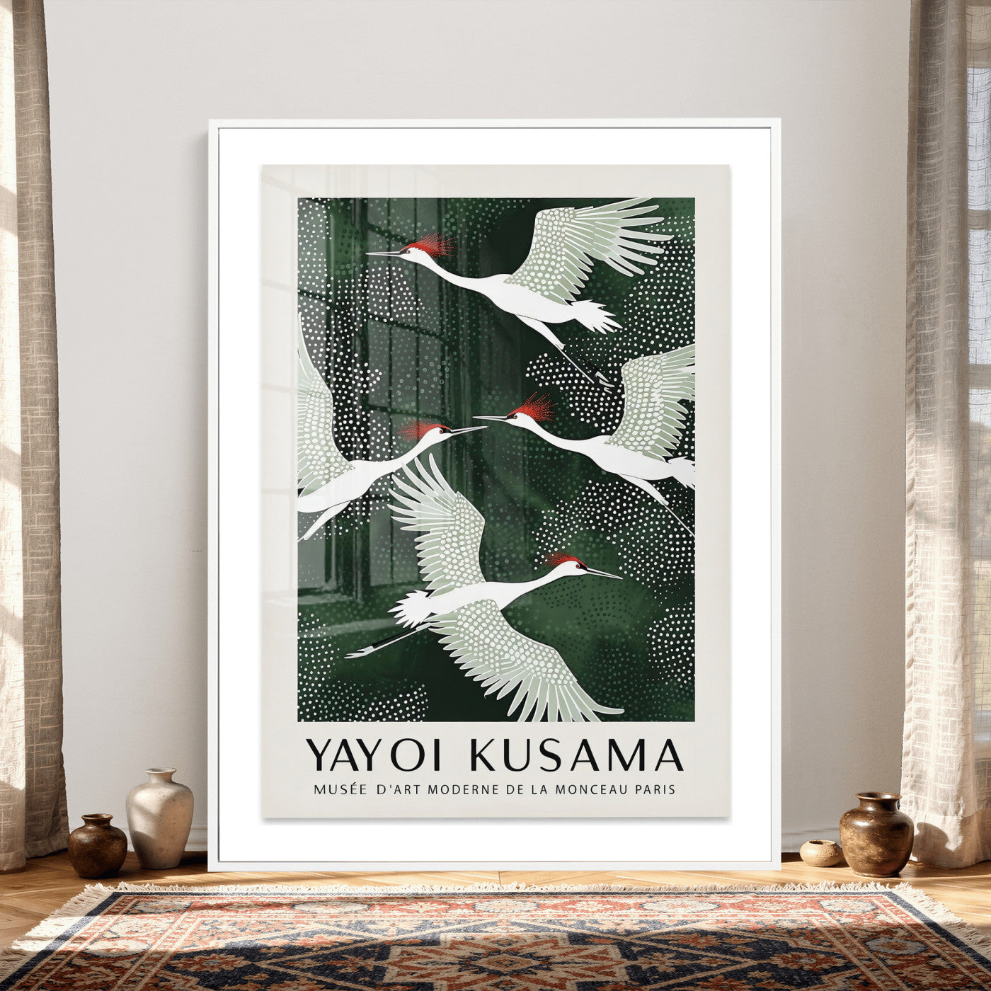 63036906-MGV-CV-24X36 - Yayoi Kusama Crane Bird Wall Art Canvas Print, Japanese Inspired Flying Heron Framed Artwork, Green Botanical Nature Decor for Living Room Bedroom Office
