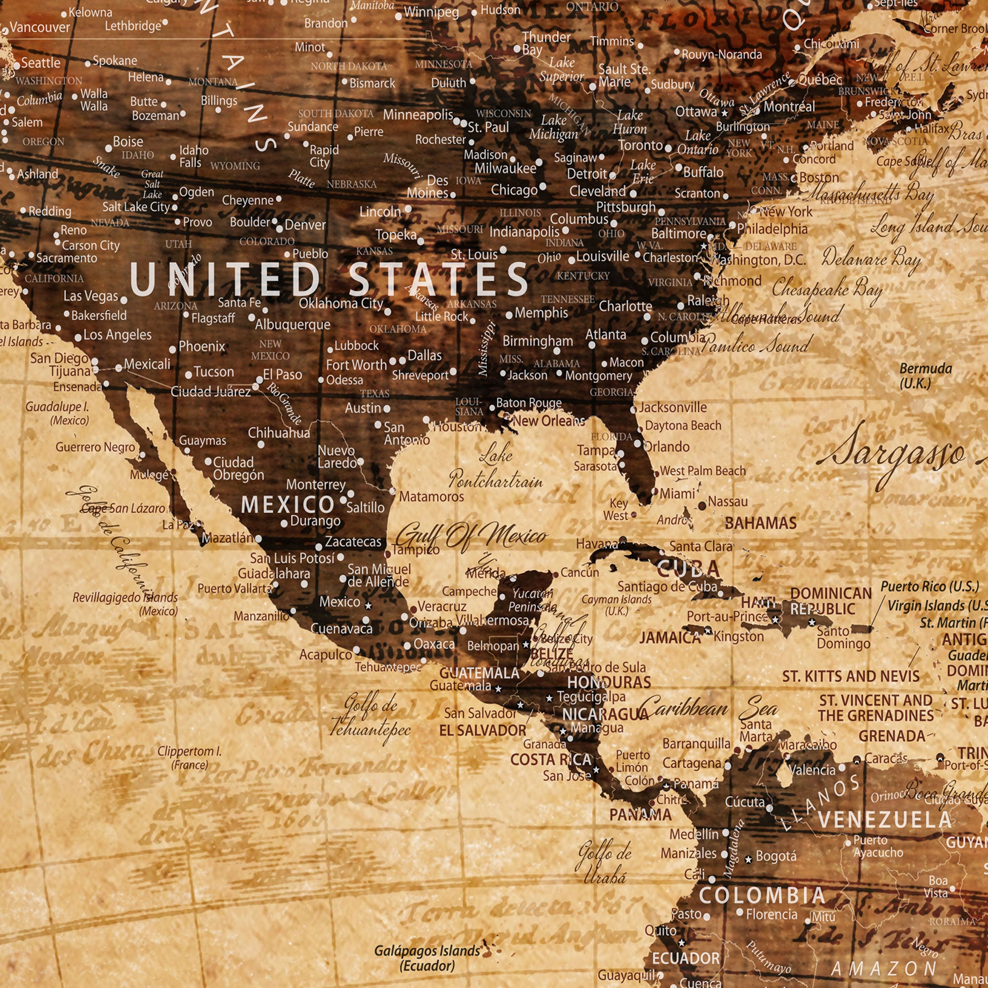 47310001-MGV-CV-36X24-Custom Vintage World Map Canvas Wall Art – Custom Framed Push Pin Travel Tracker Print, Unique Gift for Home or Office Decor