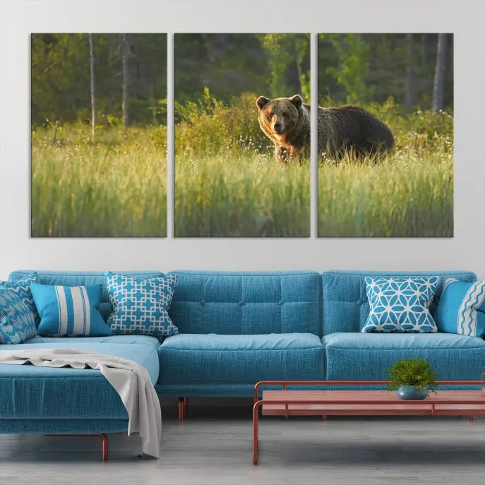 A museum-quality triptych wall art, titled "Wild Bears in Nature Canvas Print," elegantly decorates the living room.