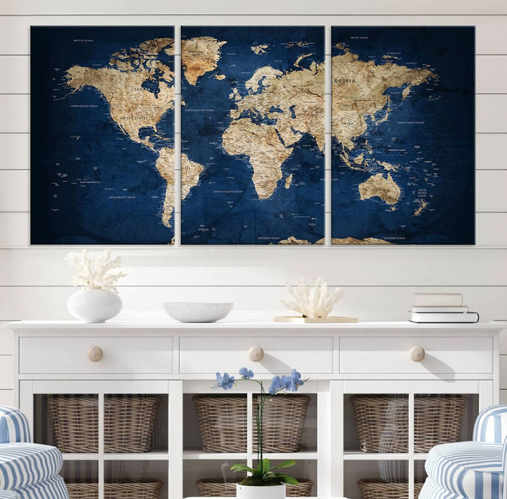 Classic Vintage Blue World Map Canvas Print featuring beige continents against a deep blue background.