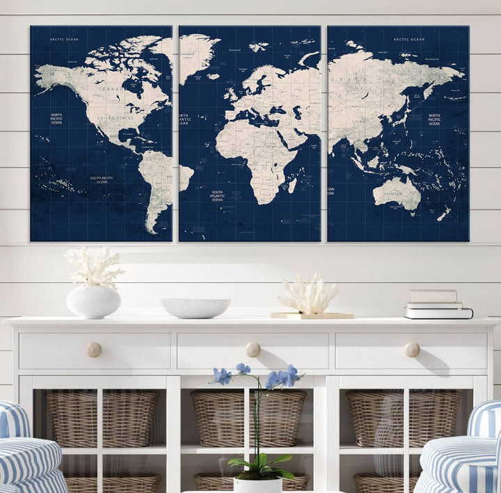 Large modern world map wall art canvas print in beige and navy; showcases a 3-panel vintage map design and is ready to hang.