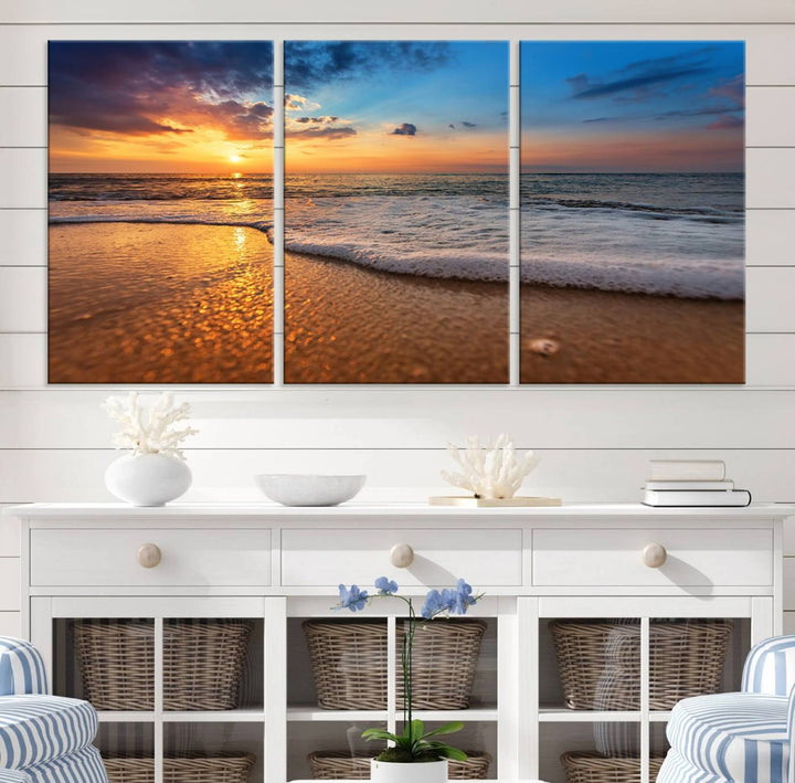 The Golden Sunset Beach Waves Triptych adds a modern coastal touch with its stunning seascape.