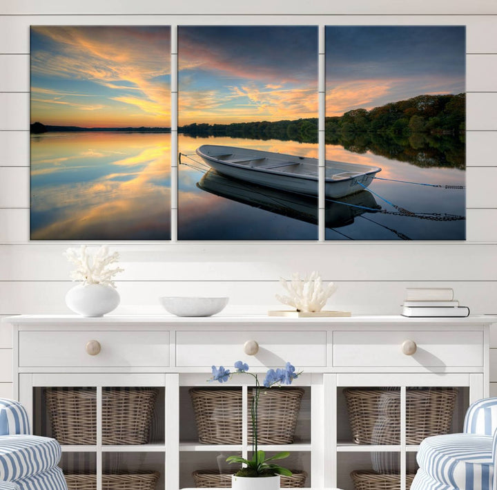 Serene Rowboat on Calm Lake Triptych Canvas Art, Giclee Wall Art of Peaceful Sunset Reflections, Tranquil Landscape Wall Art for Home or Office