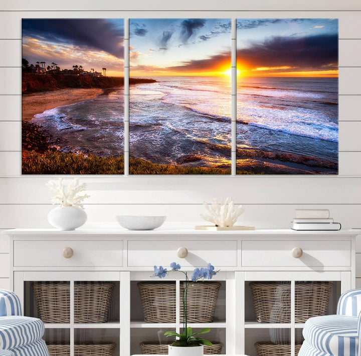 California Coastline Sunset Canvas Art, Ocean Waves Crashing on Cliffs, Giclee Canvas Print for Beach House Decor