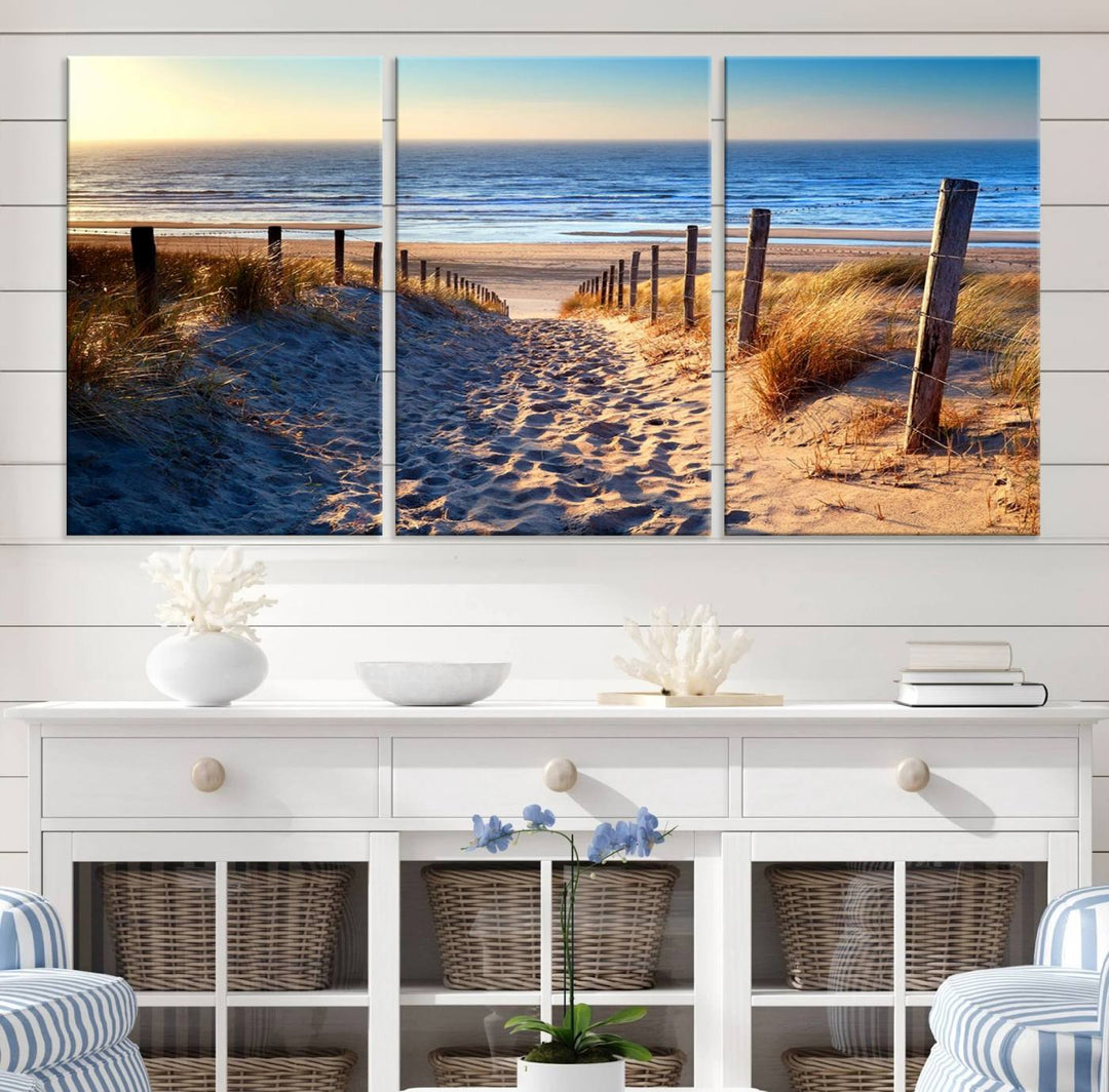 Tropical Beach Sunset Canvas Art, Ocean Waves and Sandy Shoreline Wall Art, Large Beach Decor for Coastal Homes