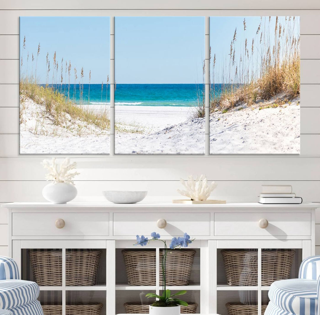 Serene Coastal Dune Path with Ocean View, 3-Panel Beach Canvas Art; tranquil seascape for coastal decor.