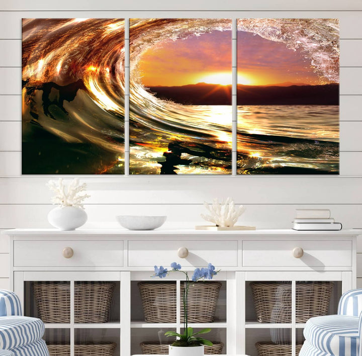 The Golden Wave Sunset Triptych Canvas Art showcases an ocean wave at sunset, casting warm light.