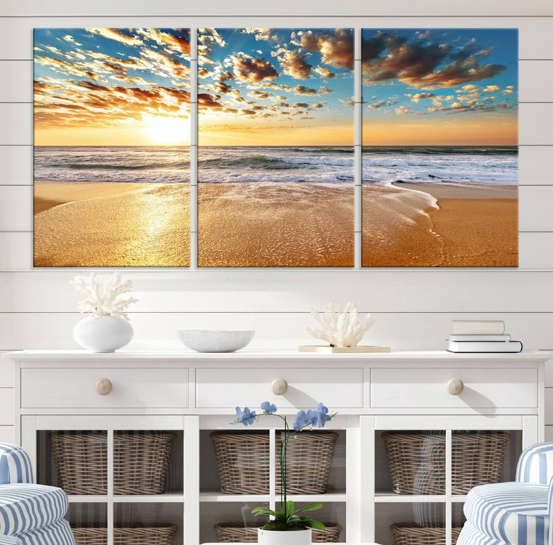 A Golden Sunset Beach giclee triptych canvas hangs prominently.