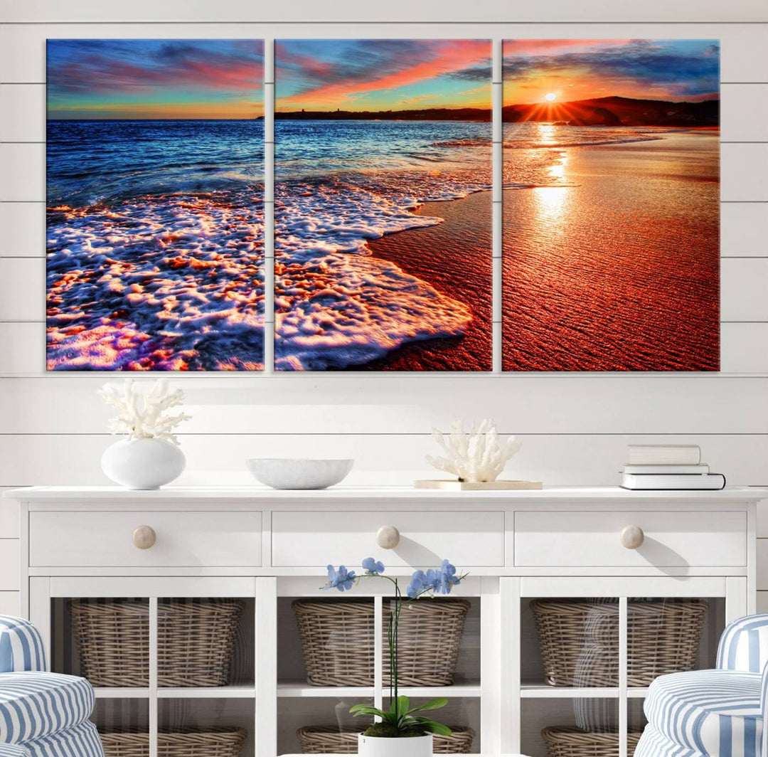 The Colorful Coastal Sunset on the Beach canvas print portrays ocean waves at dusk.