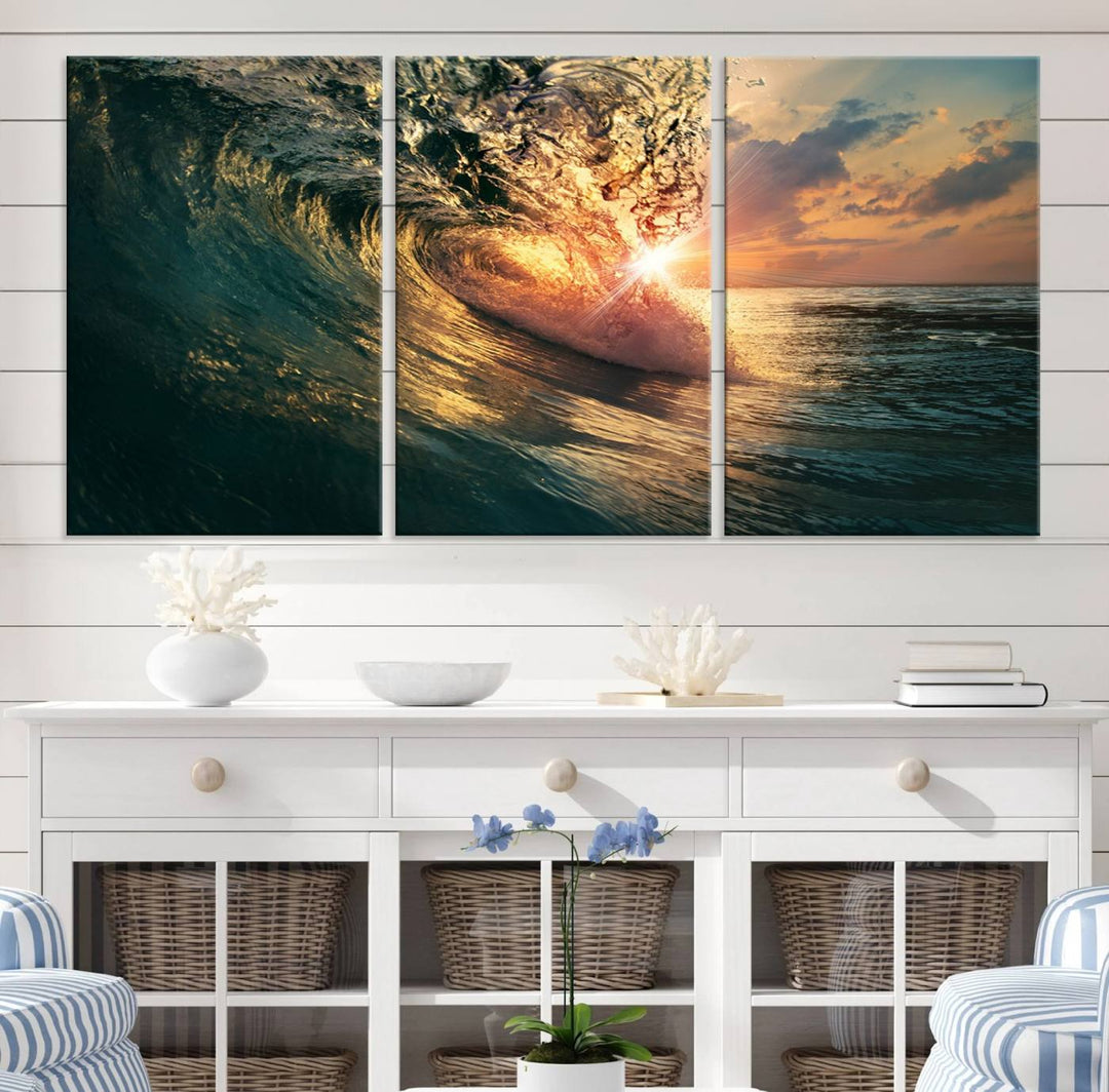 A triptych seascape titled Ocean Wave Sunset Canvas, featuring a stunning ocean view at sunset, is beautifully framed and ready to hang.