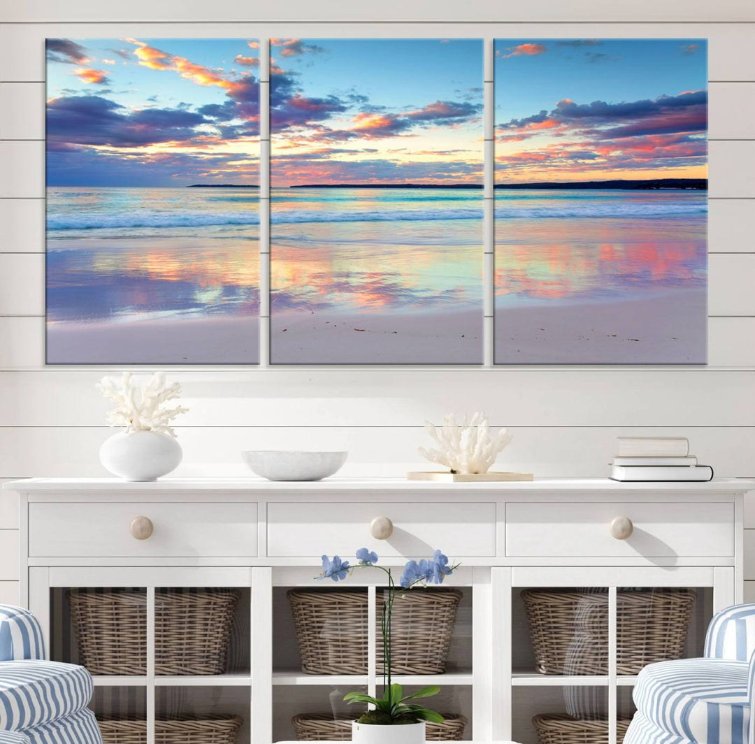 Tranquil Pastel Sunset Beach Triptych Canvas Art, Soothing Coastal Ocean Shoreline Giclee Print, Beach Reflections Wall Decor for Serene Spaces