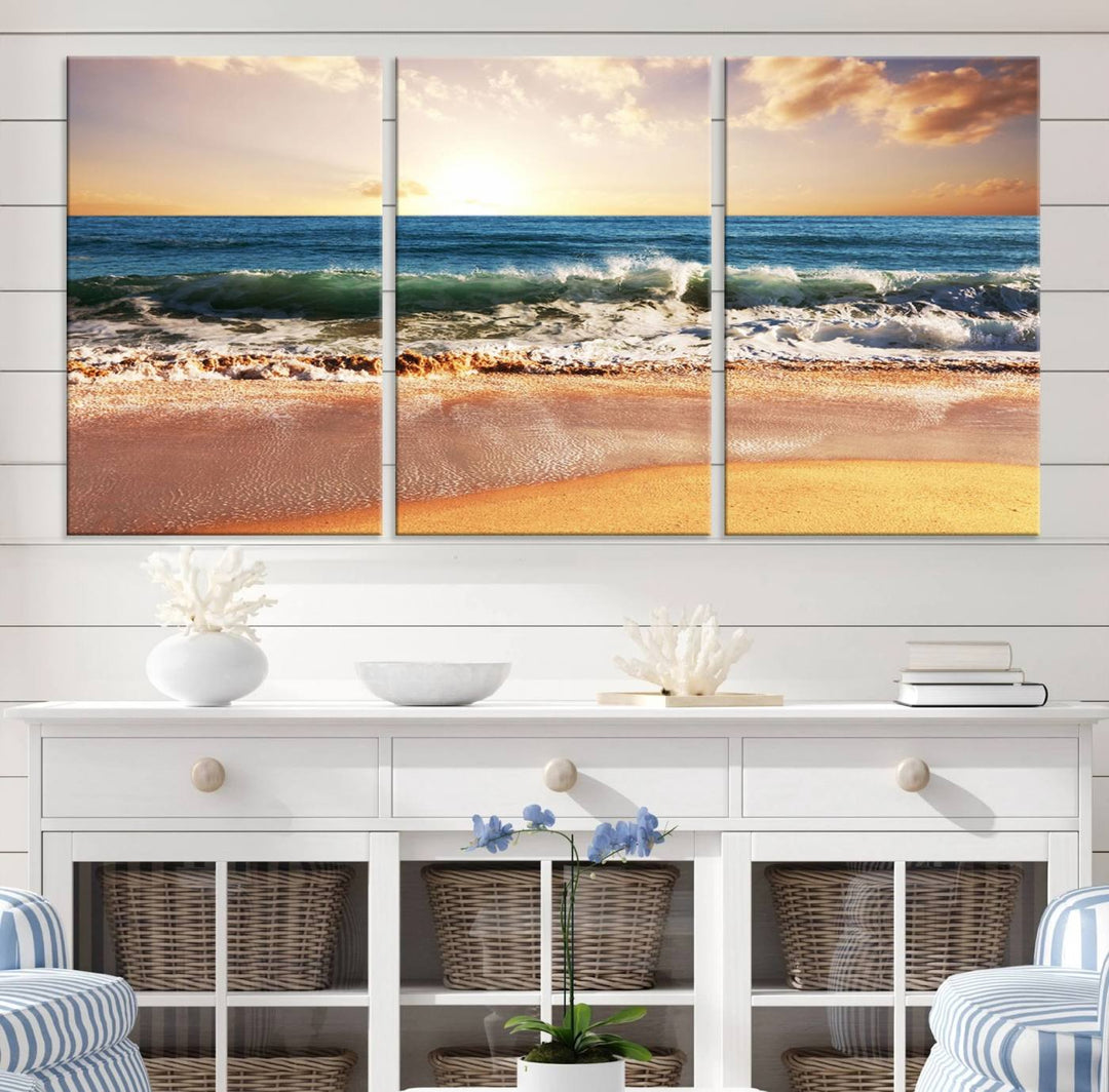 The wall features a Canon-quality Serene Beach Path canvas giclee print, depicting coastal dunes.