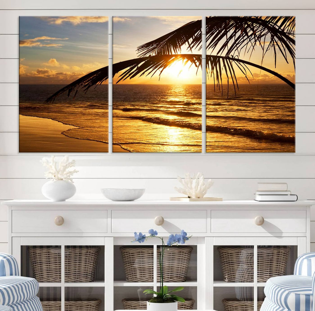 Golden Tropical Beach Sunset Canvas Triptych: Coastal Palm Art & Giclee Print with Gallery Wrap, capturing golden waves.