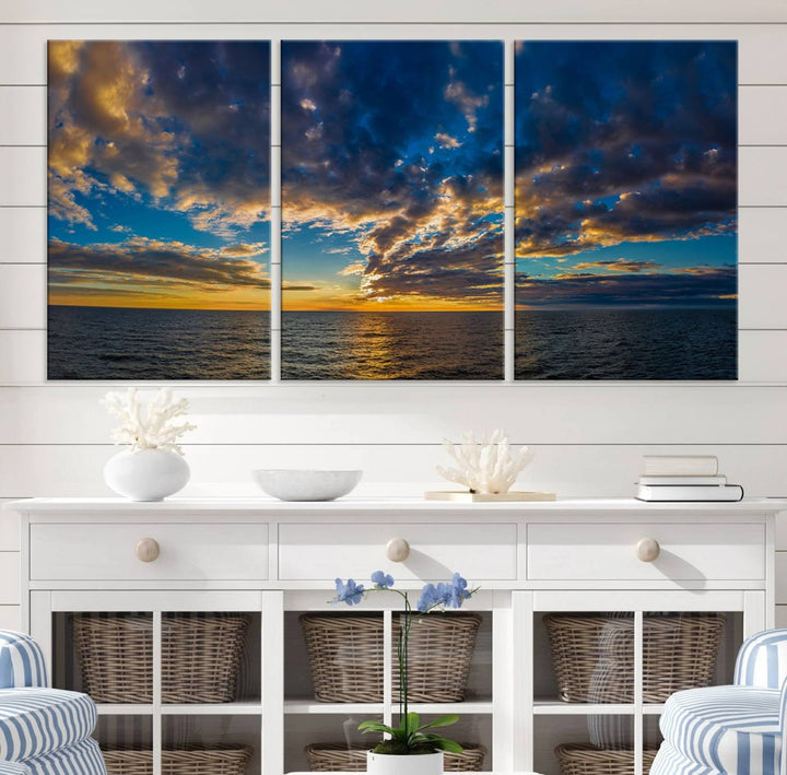 Dramatic Ocean Sunset Canvas Art, Panoramic Seascape Wall Art, Giclee Canvas Print with Canon Quality for Coastal Decor