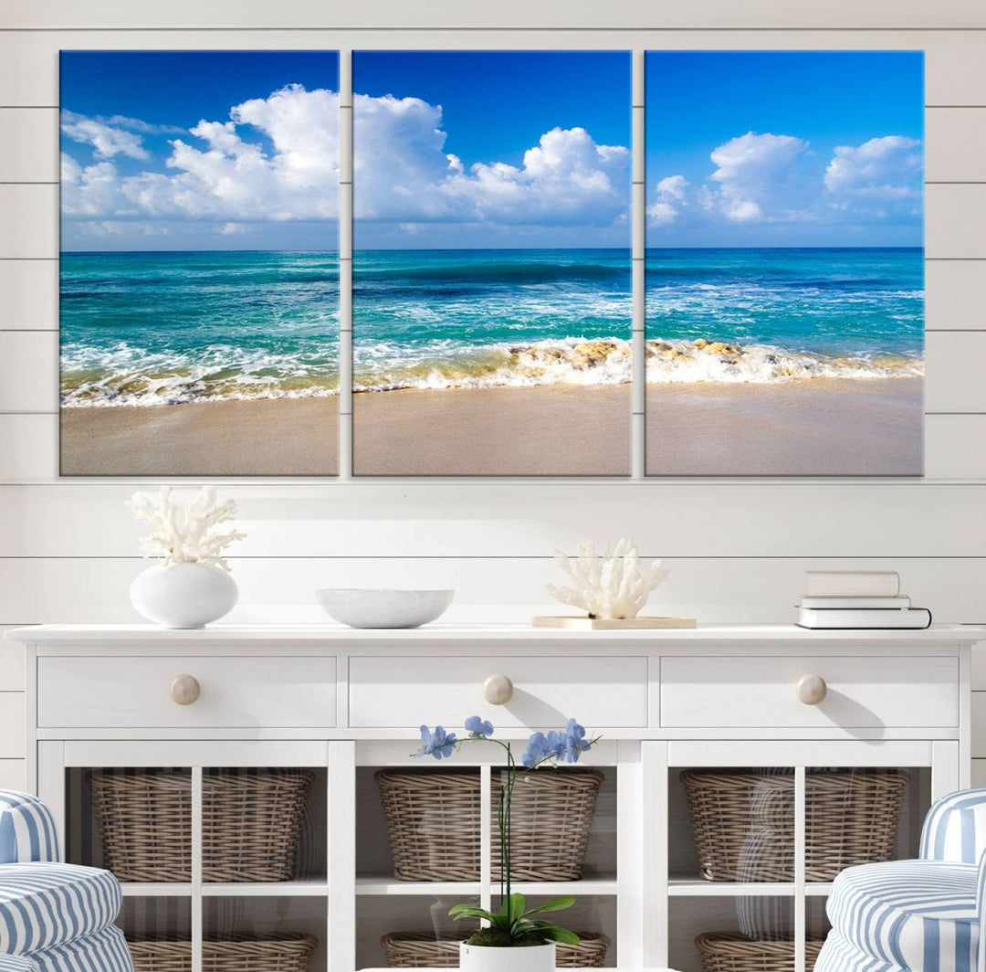 Tropical Beach 3-Panel Canvas Wall Art – Serene Ocean Waves and Blue Sky – Giclée Print for Living Room, Office, or Bedroom Coastal Decor