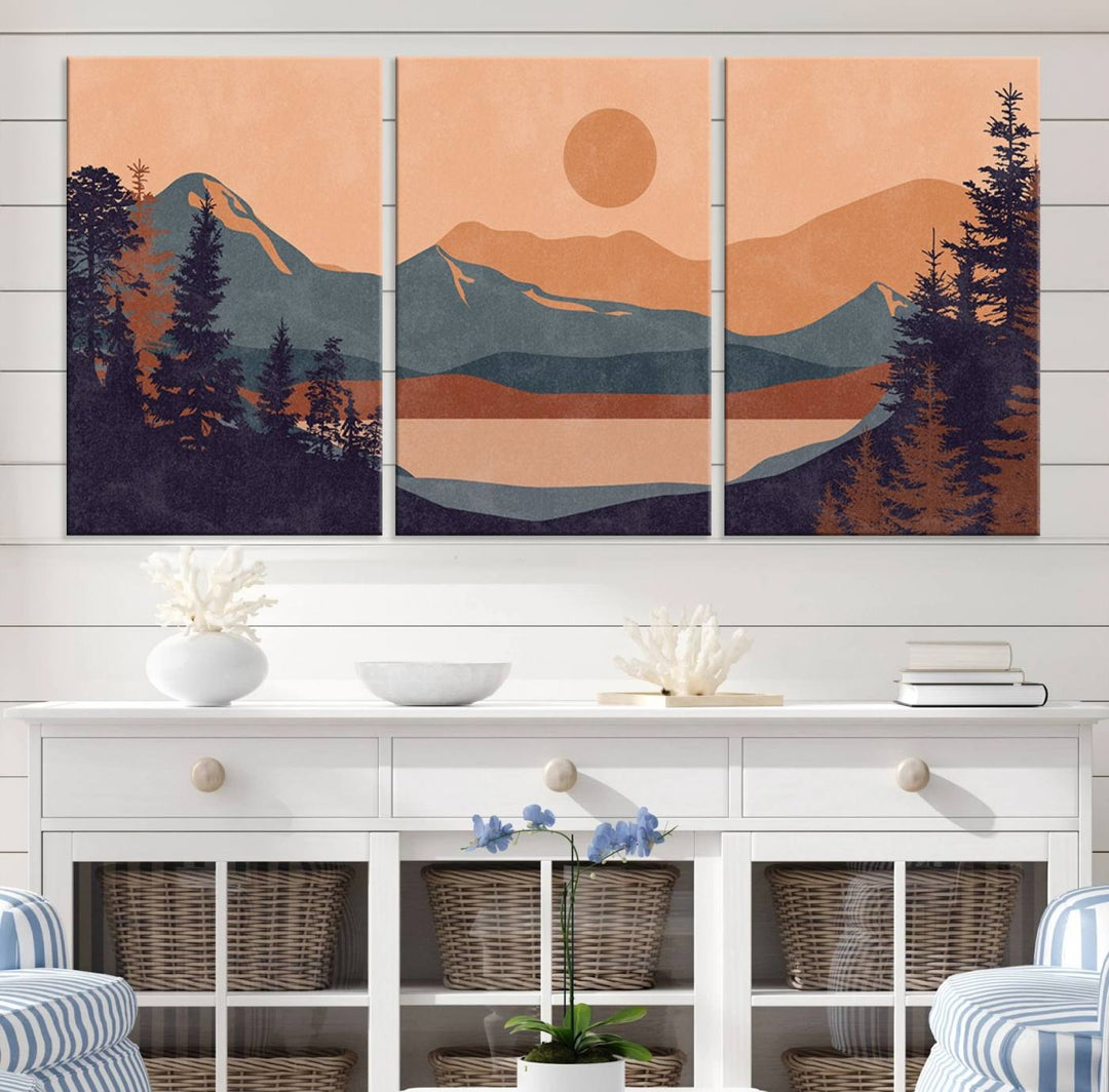 Modern Boho Sunset Mountain Landscape Triptych – Giclée Canvas Art Print for Living Room, Bohemian Decor, Ready to Hang