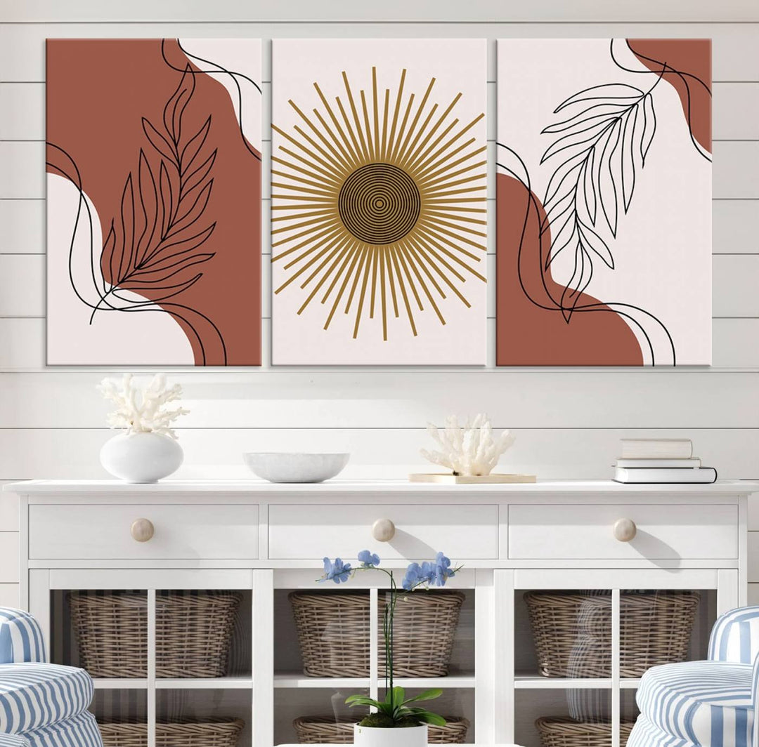 A contemporary living room showcases a Boho Wall Art Canvas Print Set featuring mid-century prints on museum-quality canvas.