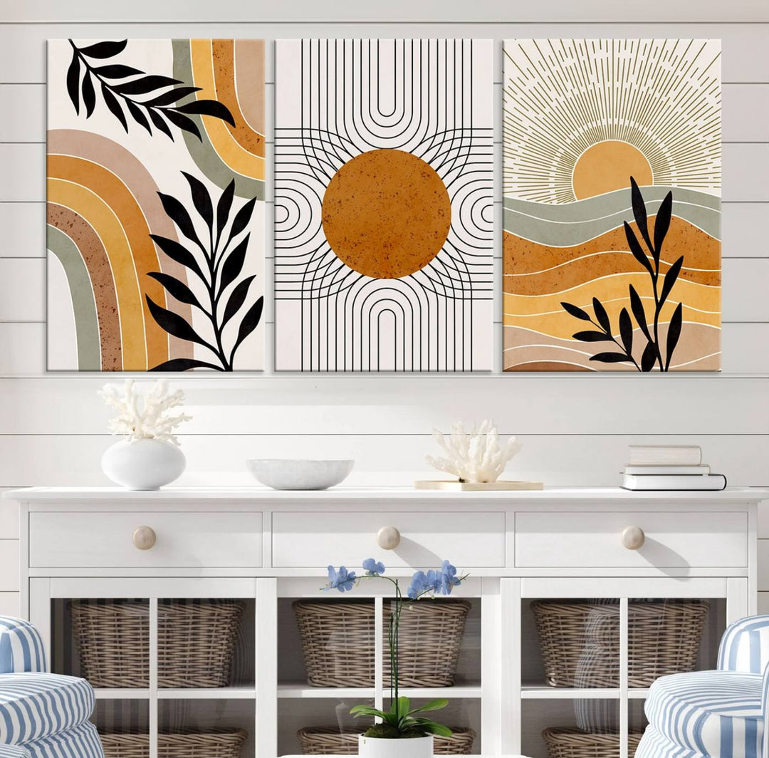 Modern Boho Sun and Leaf Abstract Art – 3-Panel Giclée Canvas for Mid-Century Modern or Bohemian Wall Decor