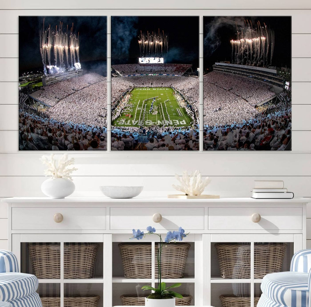 The perfect Penn State Football canvas wall art features a depiction of Beaver Stadium filled with fans in white, with fireworks exploding above.