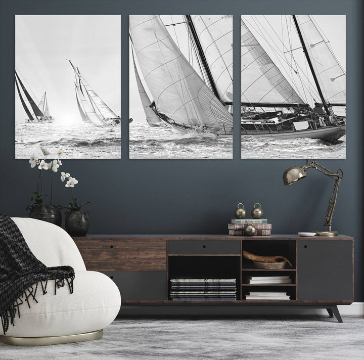 Yacht Sailboat Regatta canvas print on a textured wooden wall.