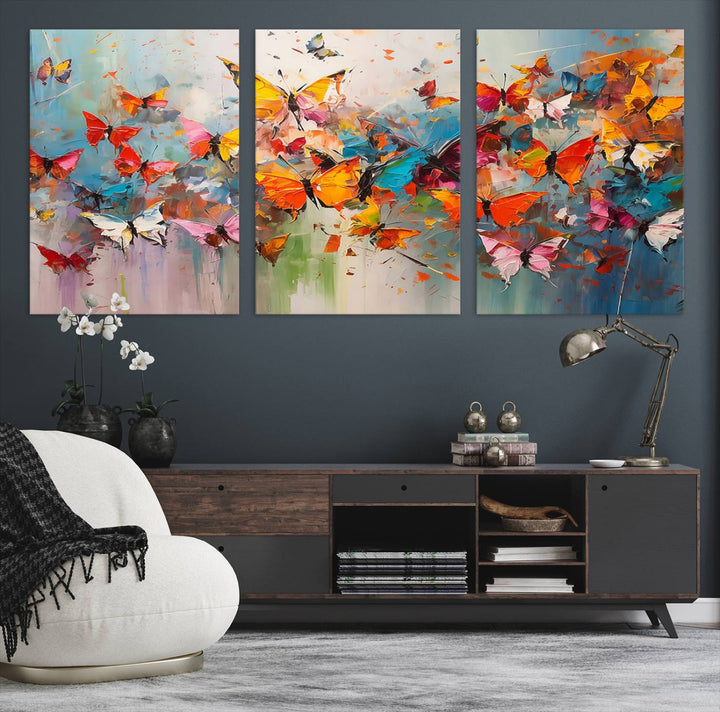 The Abstract Butterfly Wall Art Canvas Print hangs prominently, adding a touch of elegance and creativity to the room.