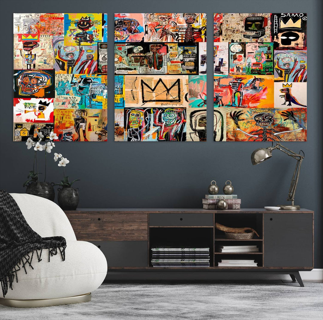 A Basquiat graffiti-style collage adorns the wall.