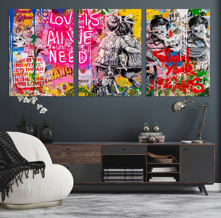 A vibrant and dynamic triptych features distorted horizontal lines, resembling graffiti street art. This artwork conveys the themes of "Follow Your Dreams" and "Love is All We Need" across three colorful panels.