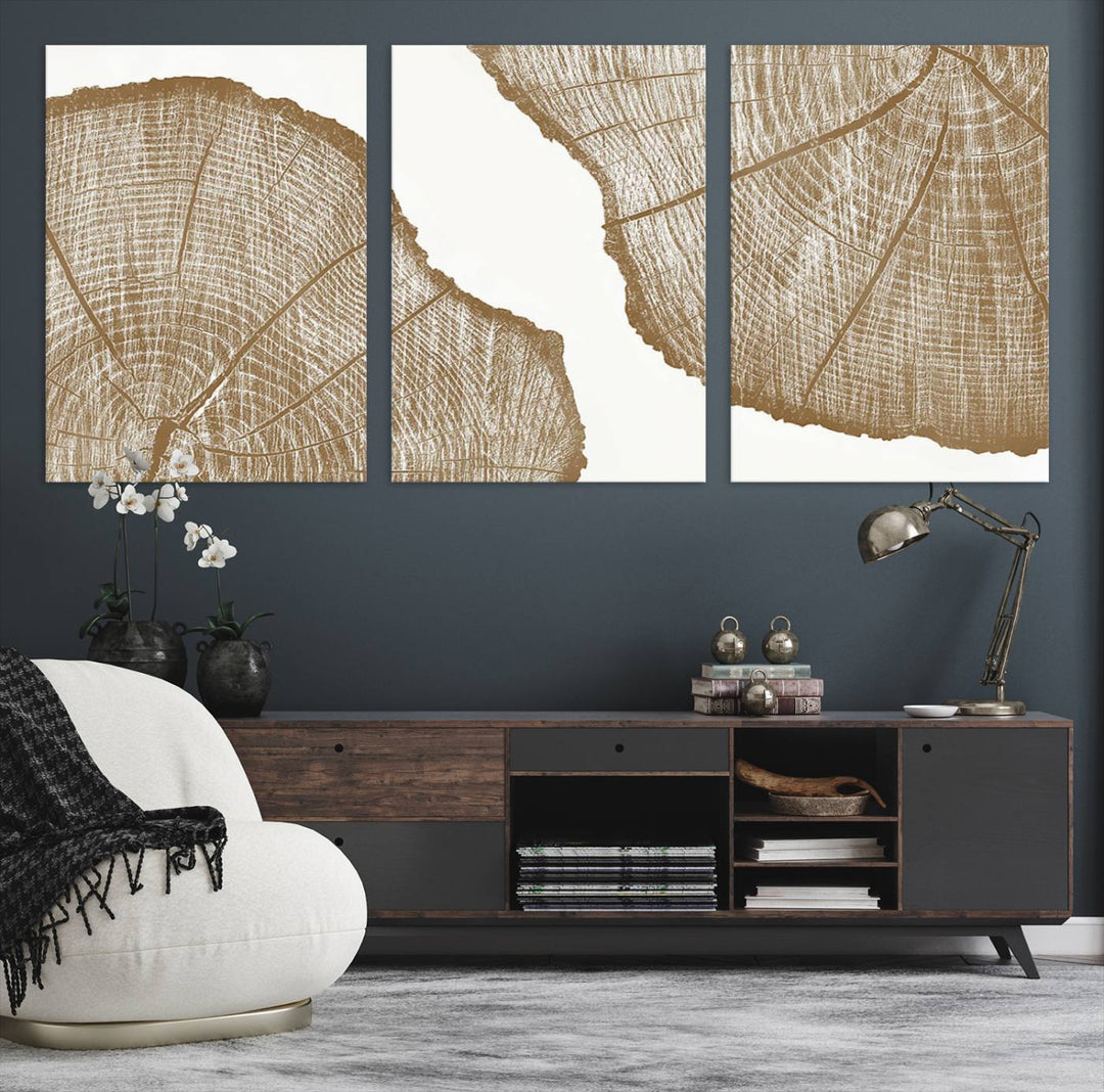 The rustic wall art features two large tree rings, beautifully framed and displayed to create a nature-inspired décor.