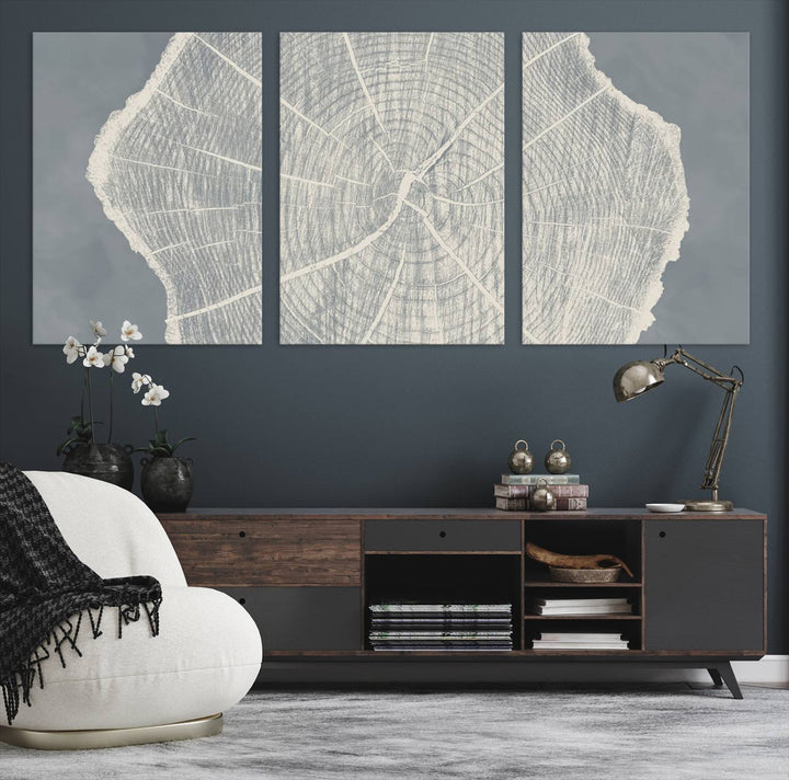 A gray wall displays the Abstract Tree Ring Wall Art print.