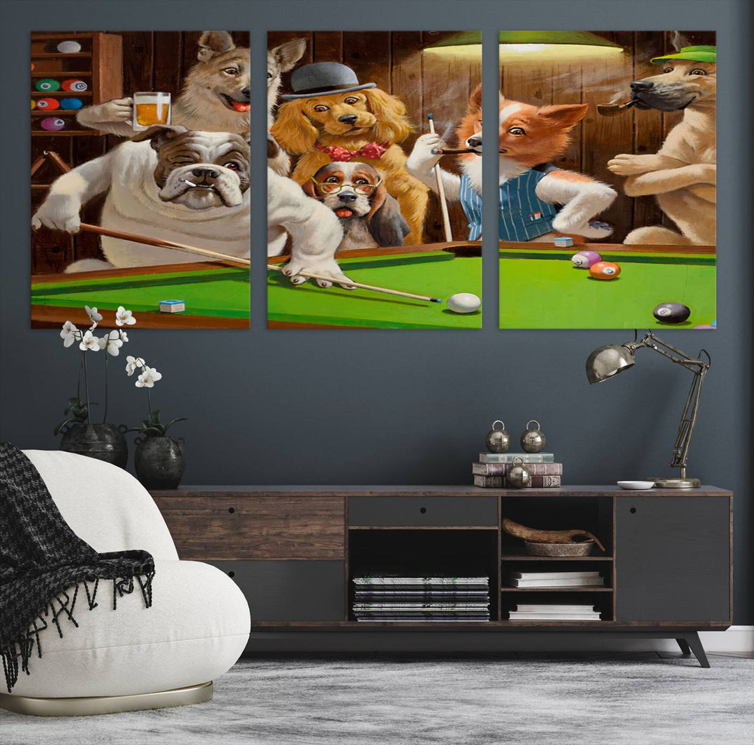 Dogs Playing Pool Canvas Wall Art: This artwork depicts a room where dogs are engaged in a game of pool. One dog is poised to cue while others observe the scene.