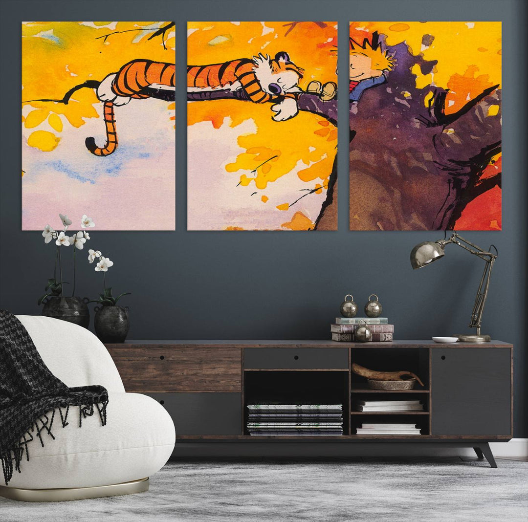 Premium canvas Calvin Wall Arts featuring a boy and tiger relaxing on a branch.