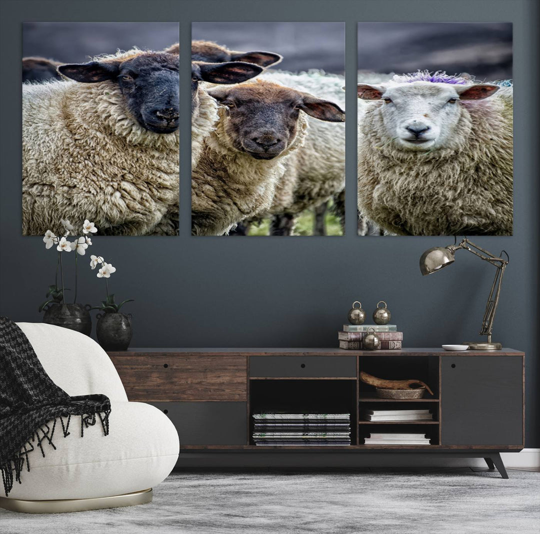 The Charming Sheep Portrait Wall Art hangs on a wooden wall.