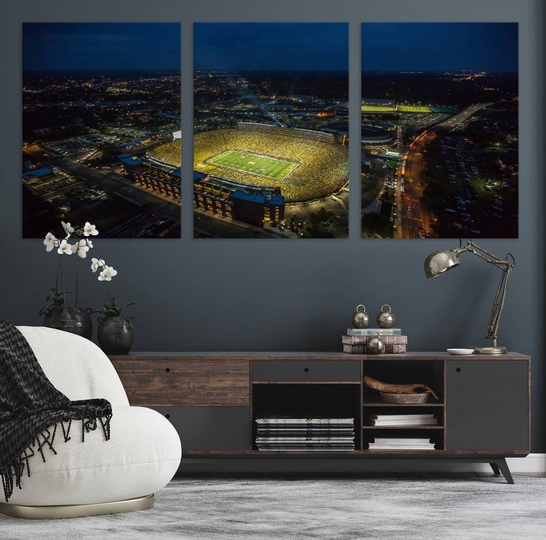 Aerial view of Michigan Stadium nightlife on canvas – Framed, ready-to-hang sports arena wall art.