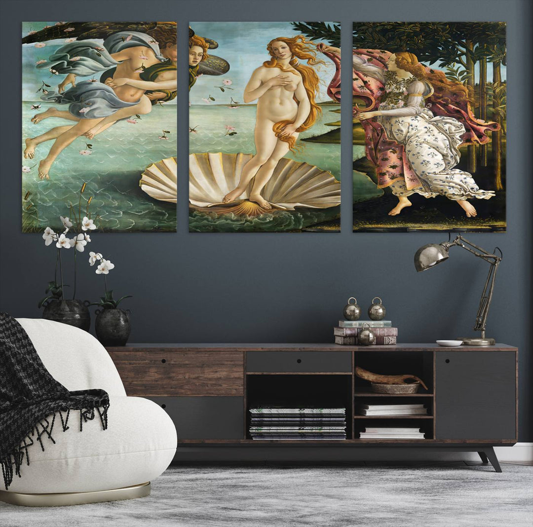 A canvas print of Botticellis The Birth of Venus is displayed on the wall.