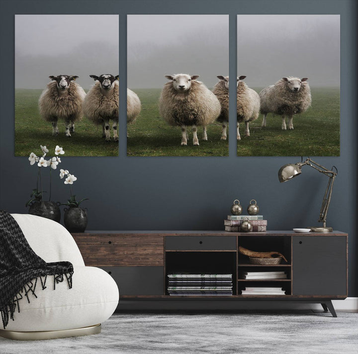 The Flock of Sheep in a Mystical Fog canvas print is framed and ready to hang.