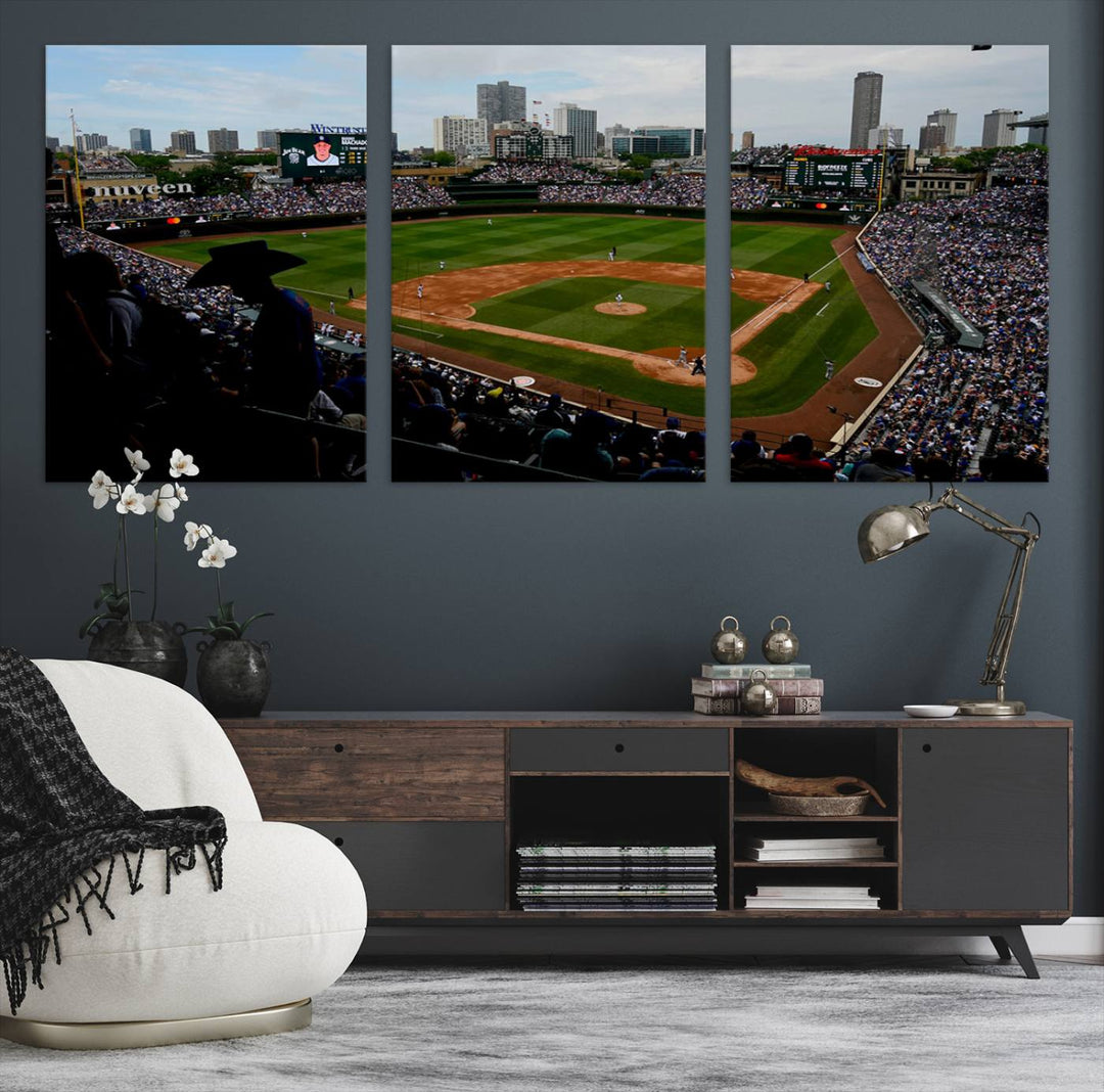 Admire this museum-quality canvas print of a Chicago Cubs game with a cityscape view from the stands at Wrigley Field.