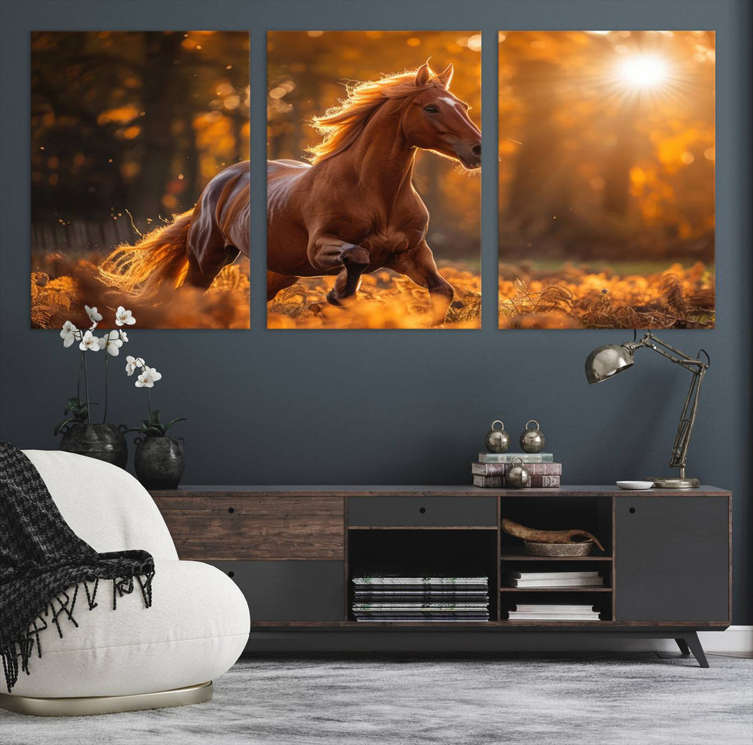 The Running Horse Sunset Forest Wall Art Canvas Print showcases a gallop in an autumn forest with sunlight streaming through the trees.