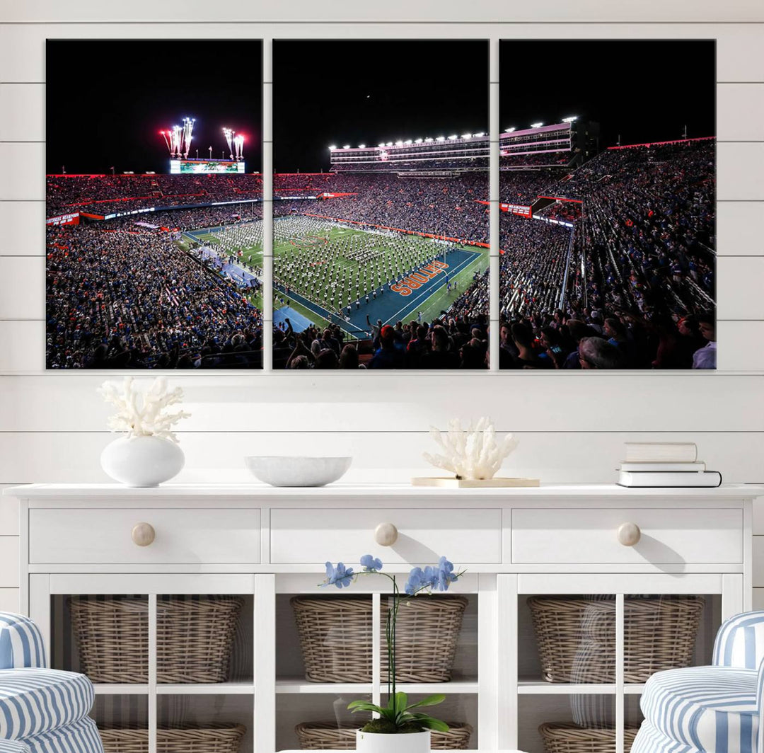 The Gators Night Game Canvas Art captures a lively night at Ben Hill Griffin Stadium with vibrant fireworks and the energy of a live band.