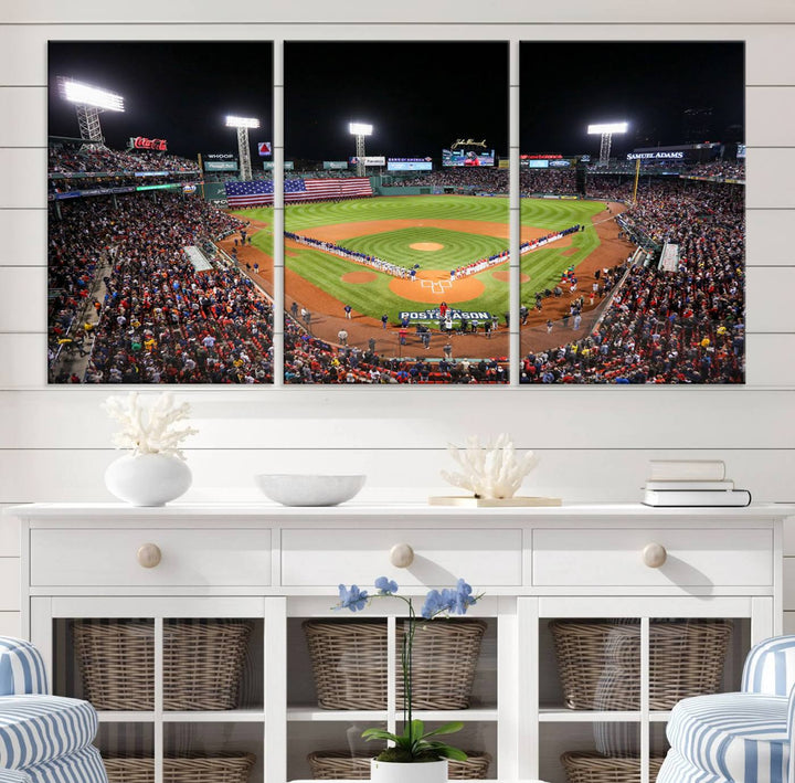 The Fenway Park Wall Art Canvas Print showcases a stunning aerial view of Bostons iconic ballpark at night, making it an ideal piece for any Red Sox enthusiast.