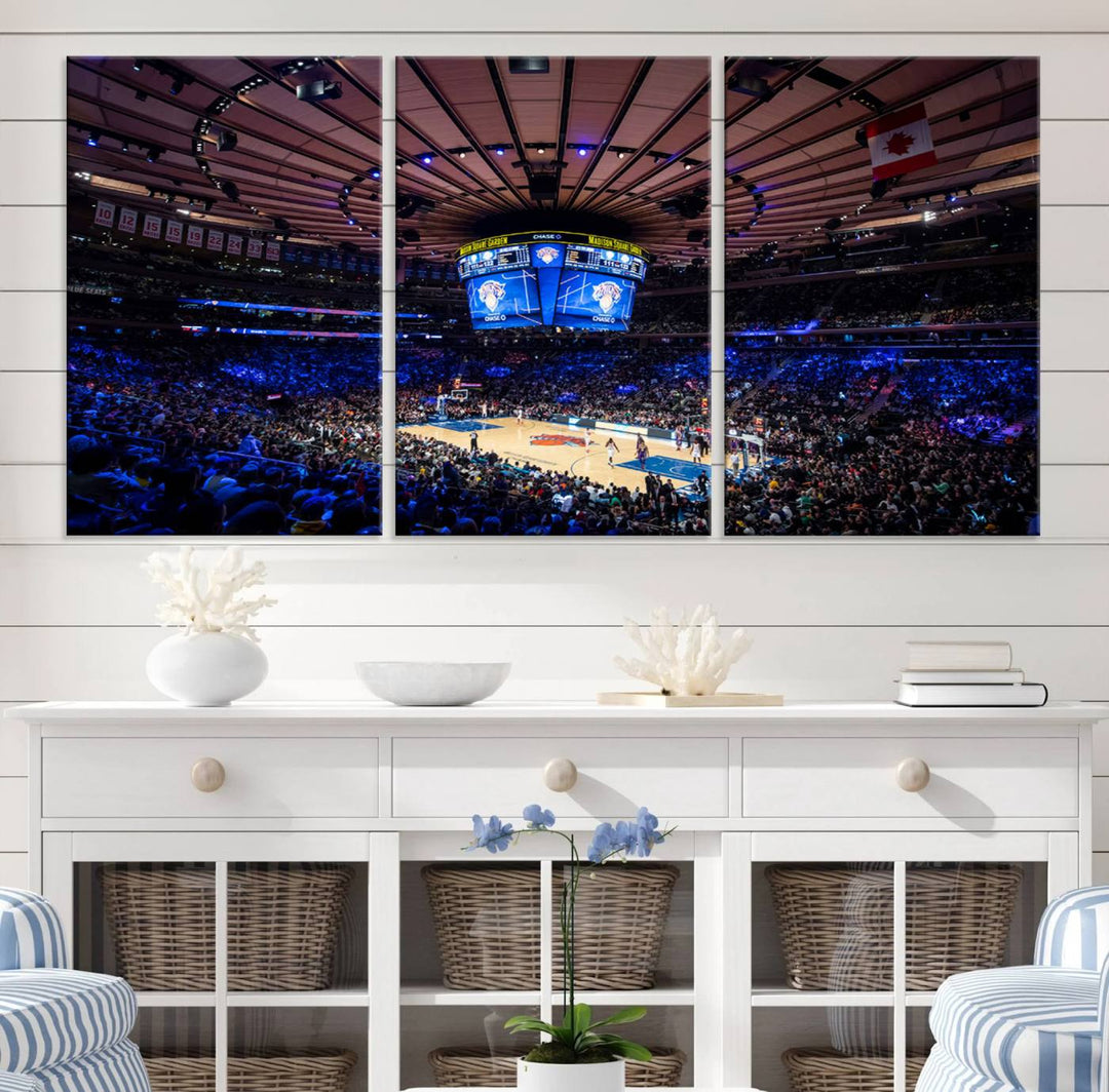 A print depicting an NBA game at Madison Square Garden, highlighting the scoreboard.