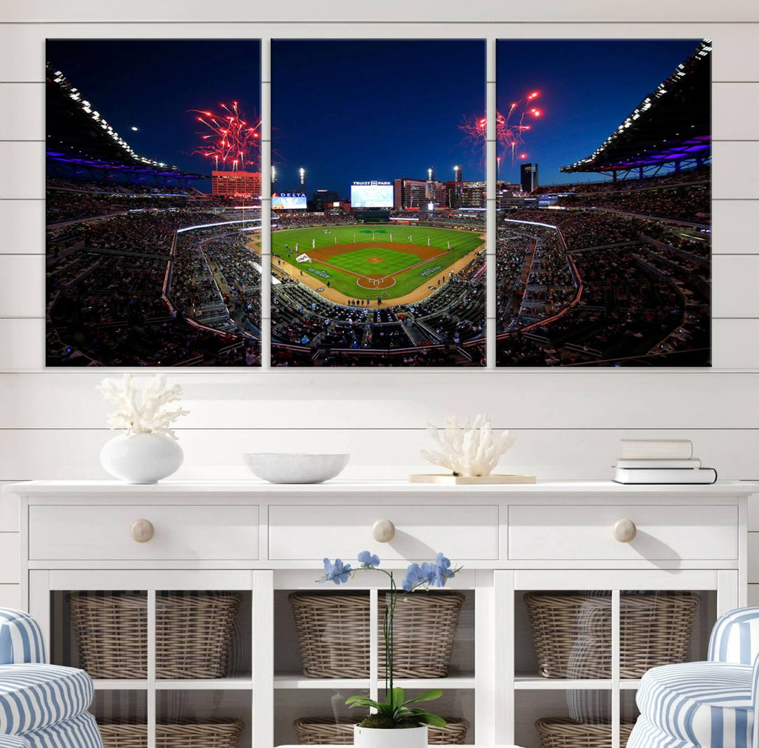 Truist Park wall art: fireworks over a Braves crowd, a large 3-panel canvas, framed and ready-to-hang.