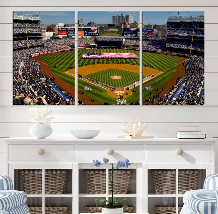 The Yankee Stadium New York wall art print features a vibrant scene of baseball fans with a large flag and players, expertly capturing the spirit of the game. This ready-to-hang décor is perfect for adding a dynamic touch to any space.