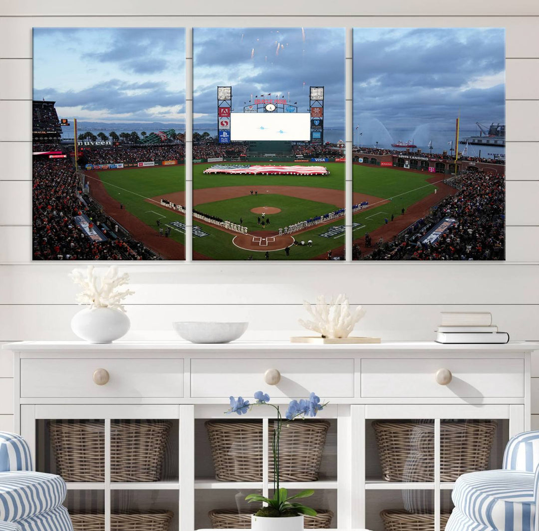 This framed 3-panel canvas MLB wall art features a giant flag and fans under a cloudy sky at Oracle Park.