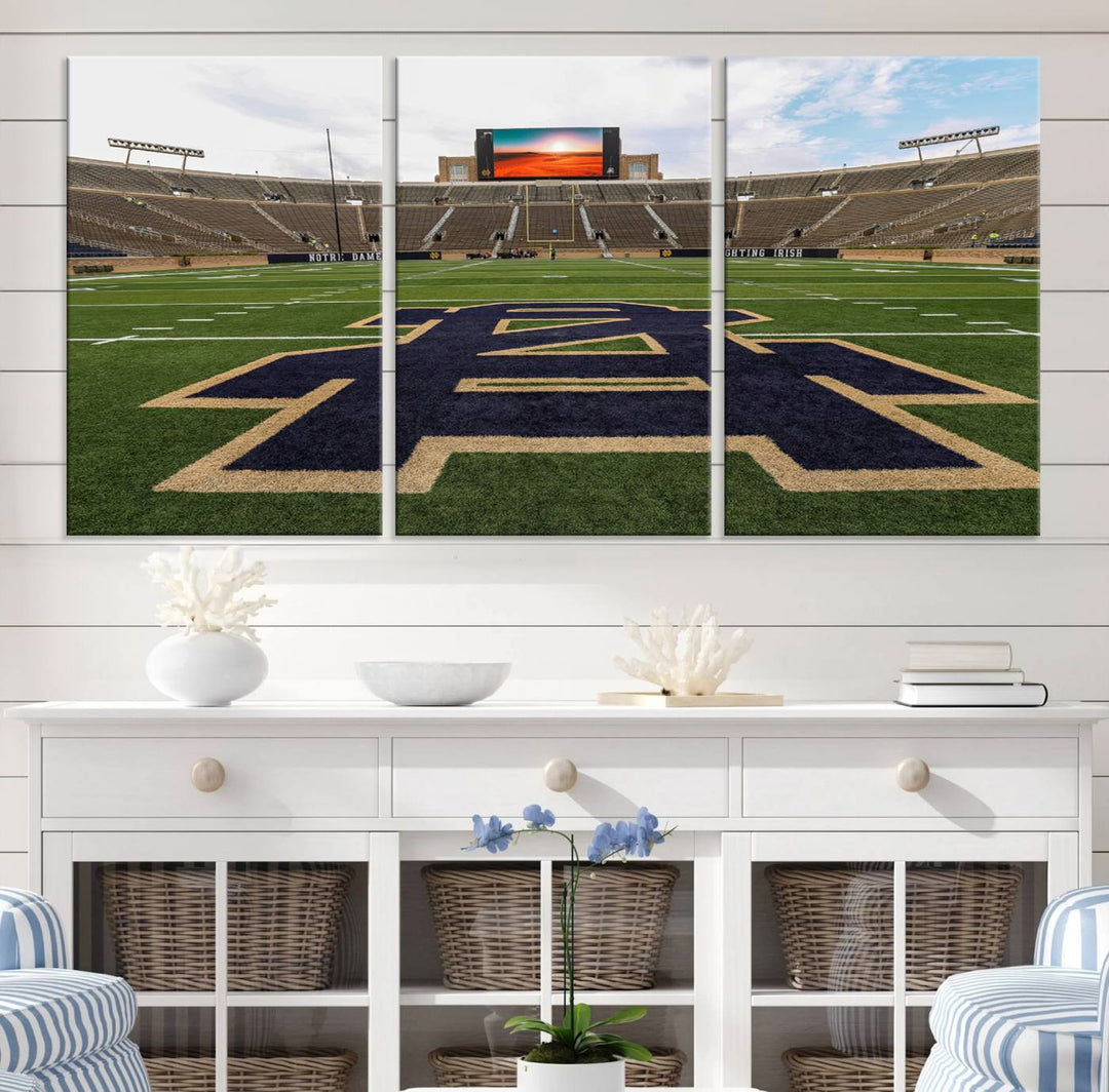 Notre Dame Stadium Triptych: This ready-to-hang giclee canvas print features a vibrant depiction of the football field adorned with an A logo and a stunning sunset.