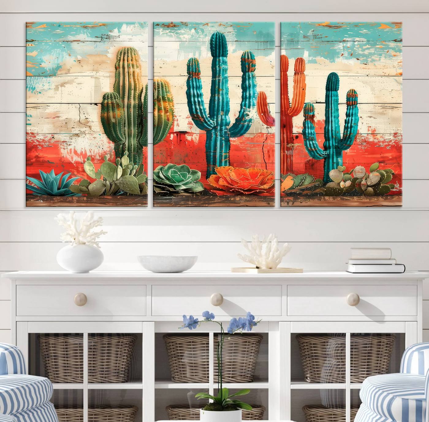 A vivid southwestern-style artwork featuring an eclectic mix of cacti and succulents painted against a textured, rustic wood backdrop in rich turquoise, red, and orange hues.